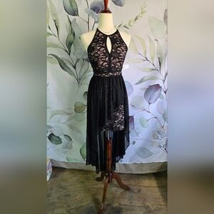 MORGAN & CO | Lace Glitter Keyhole Halter Dress w/ Overskirt in Black sz 2